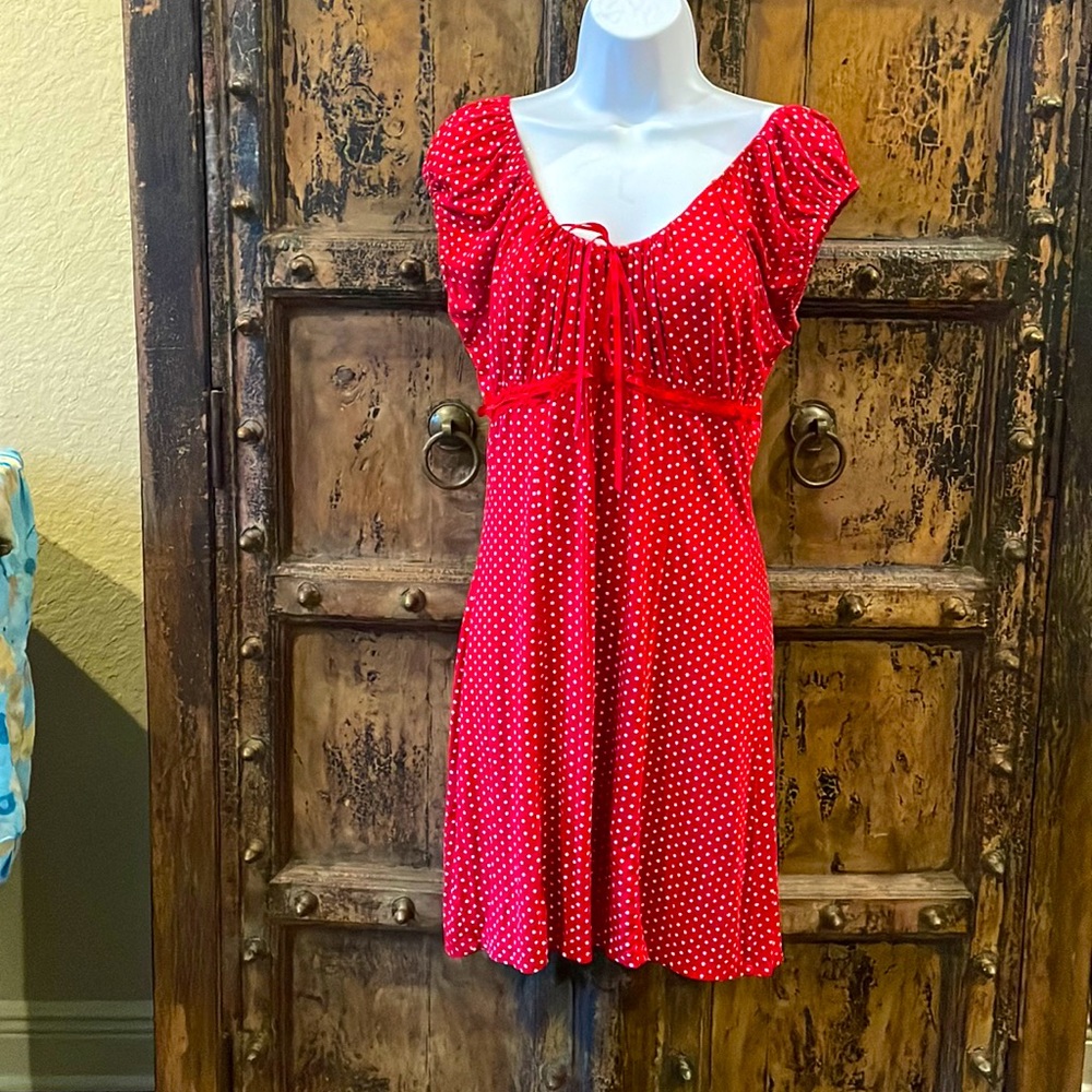 Red white polka dot size small cotton dress.  Gathered bust. Satin accent.